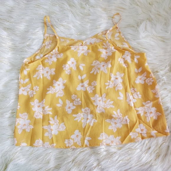 Lush Shirt Womens Large Yellow Floral Spaghetti Strap Crop Polyester V-Neck - Picture 7 of 10